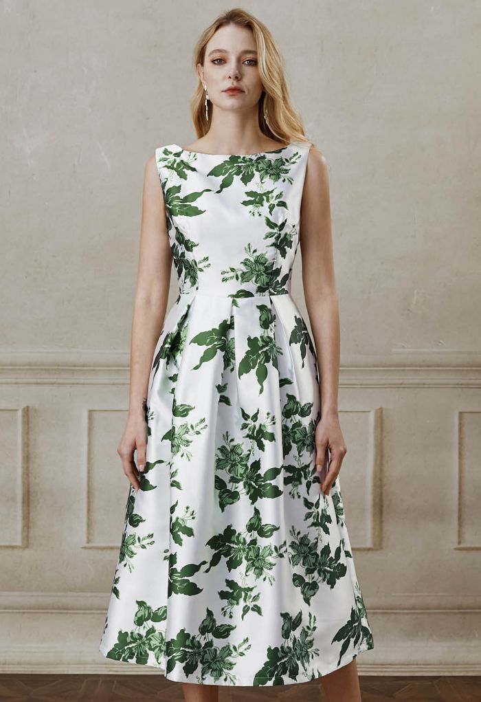 Elegant Nature Green Floral Sleeveless Midi Dress