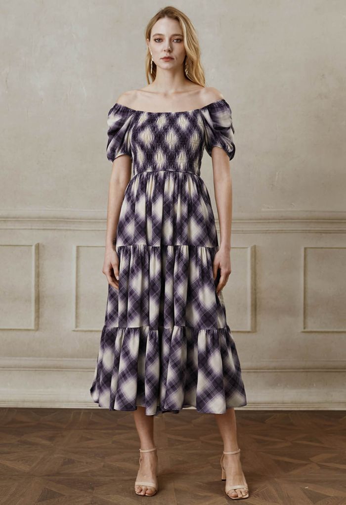 Purple Diamond Printed Bubble Short Sleeve Frilling Dress