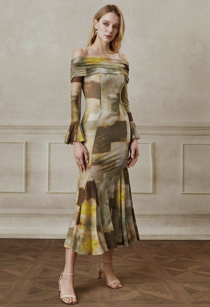 Watercolor Patches Printed Off-Shoulder Mesh Bodycon Dress