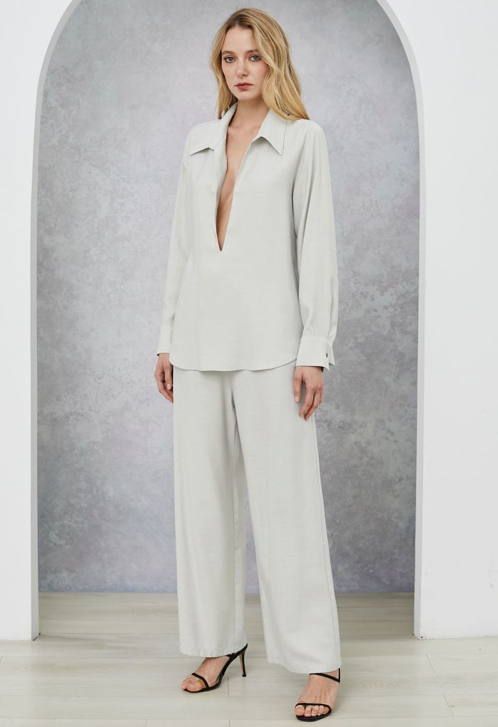 Deep V-Neck Collared Shirt and Drawstring Pants Set in Sage