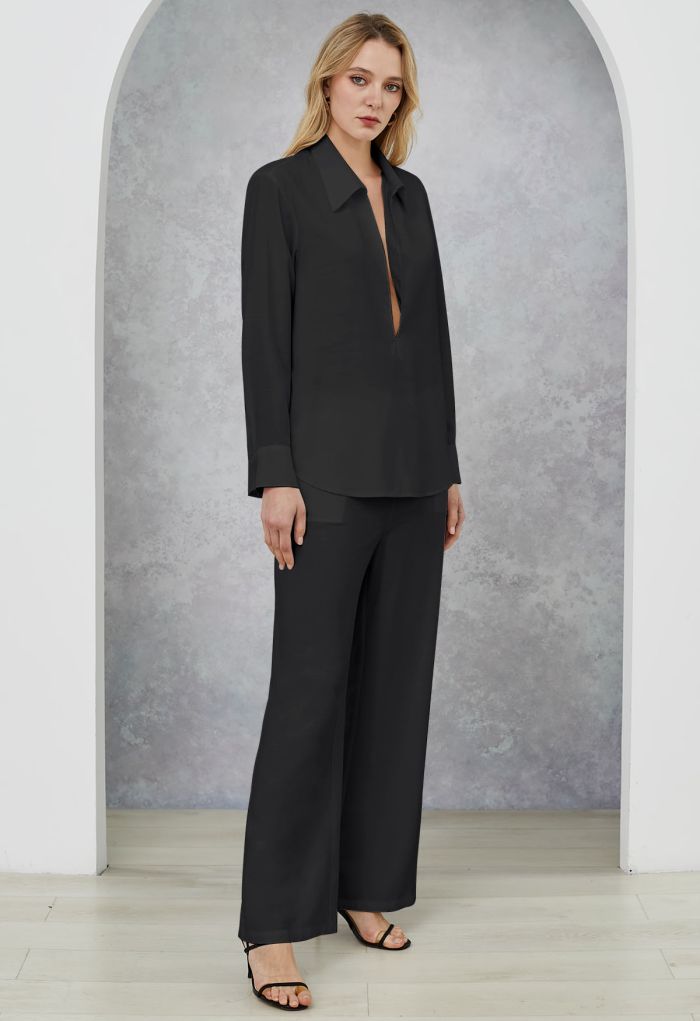 Deep V-Neck Collared Shirt and Drawstring Pants Set in Black