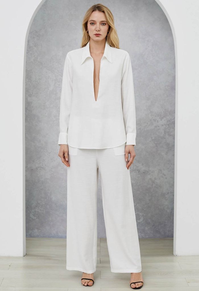 Deep V-Neck Collared Shirt and Drawstring Pants Set in White
