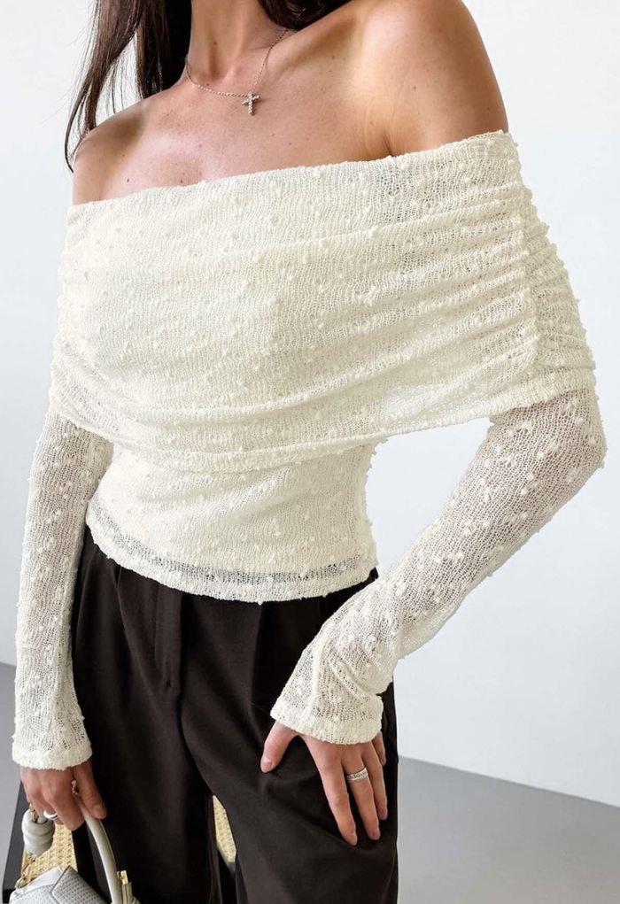 Flock Dot Flap Off-Shoulder Knit Top