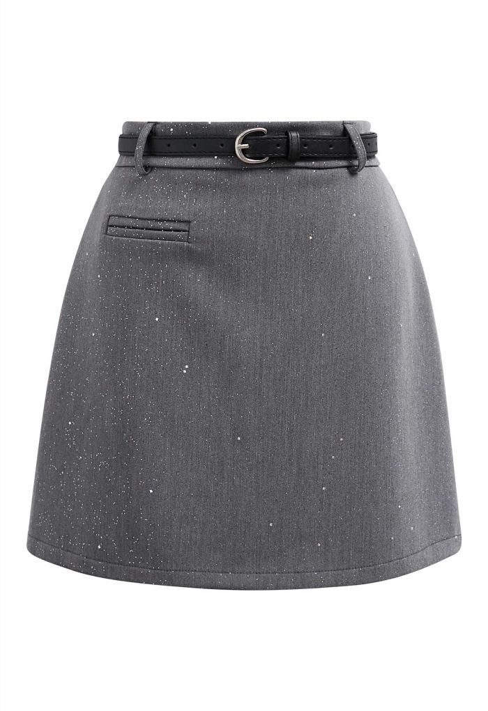 Starry Night Belted Mini Bud Skirt in Grey