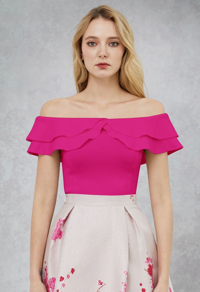 Off-Shoulder Tiered Cropped Knit Top in Hot Pink