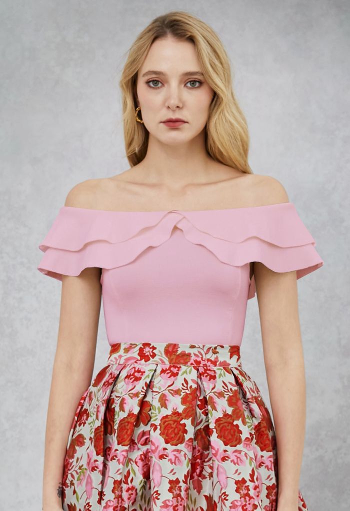Off-Shoulder Tiered Cropped Knit Top in Light Pink