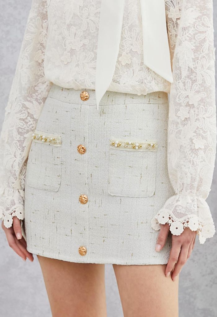 Button Decor Beaded Tweed Mini Bud Skirt in White