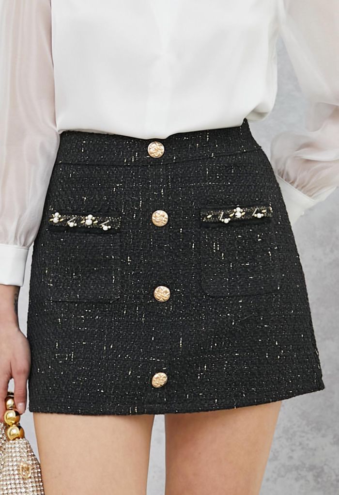 Button Decor Beaded Tweed Mini Bud Skirt in Black