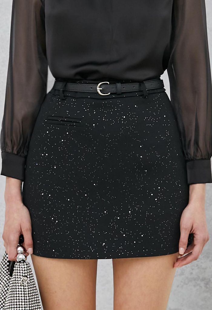 Starry Night Belted Mini Bud Skirt in Black
