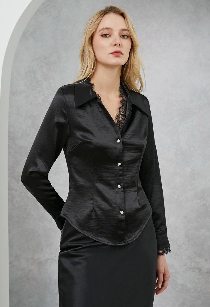 V-Neck Lace Panelled Button Down Satin Shirt in Black