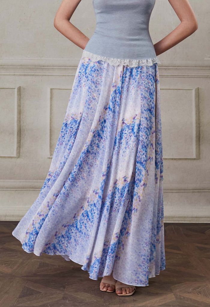 Watercolor Blue Floral Chiffon Maxi Skirt