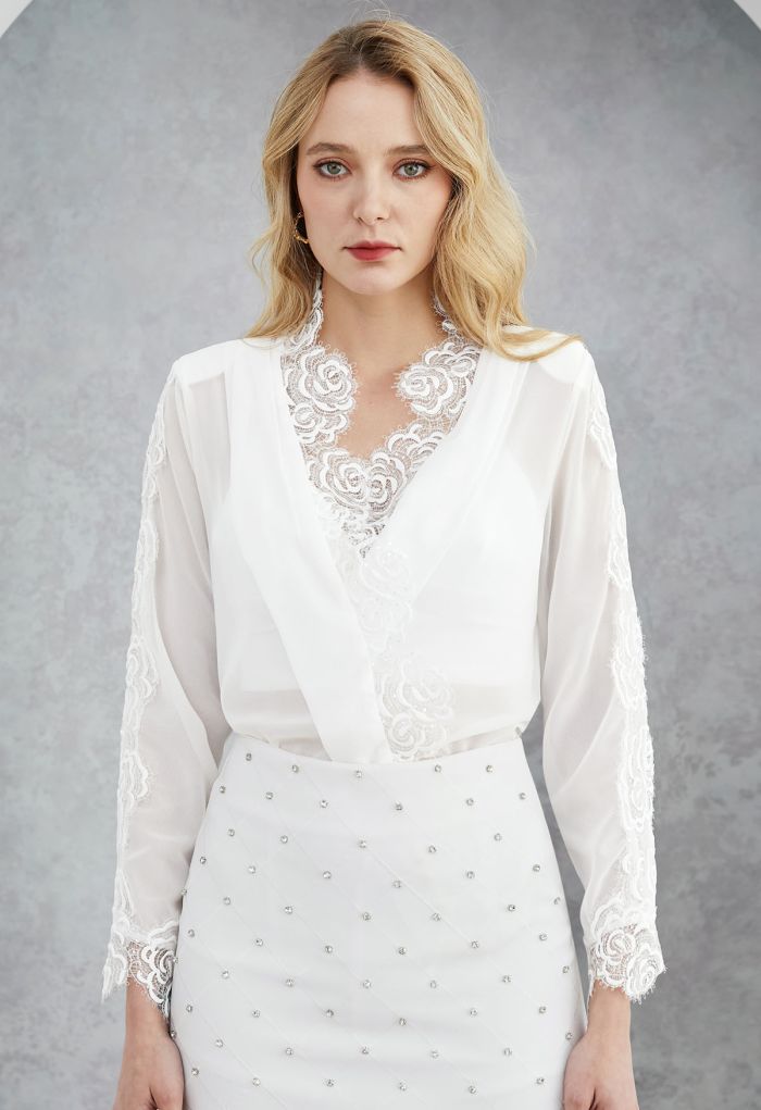Sequin Rose Lace Pad Shoulder Sheer Chiffon Shirt in White
