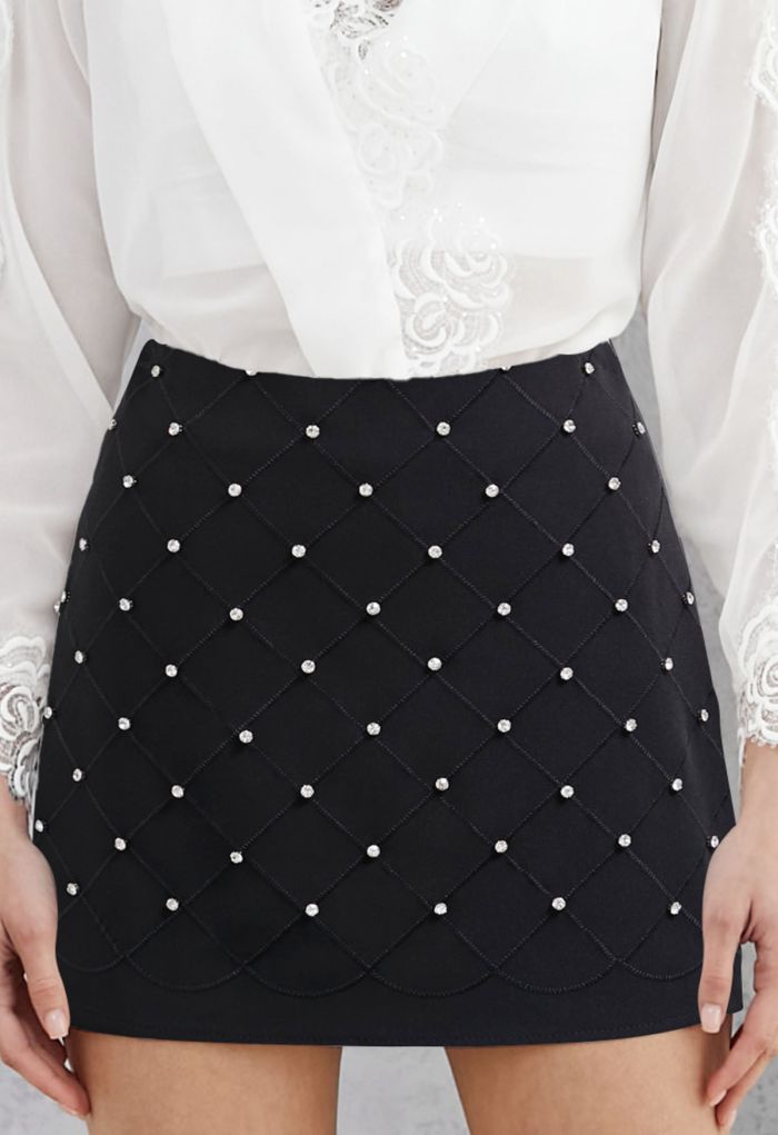 Rhinestone Decor Grid Mini Bud Skirt in Black