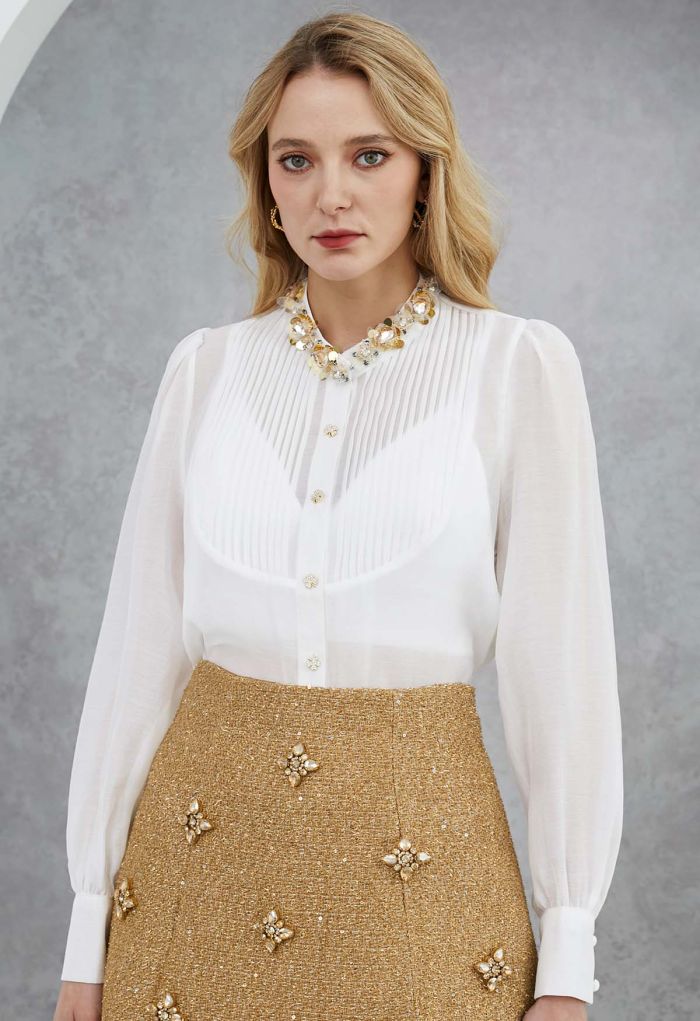 Rhinestones Sequins Trim Pintuck Sheer Buttoned Shirt in White