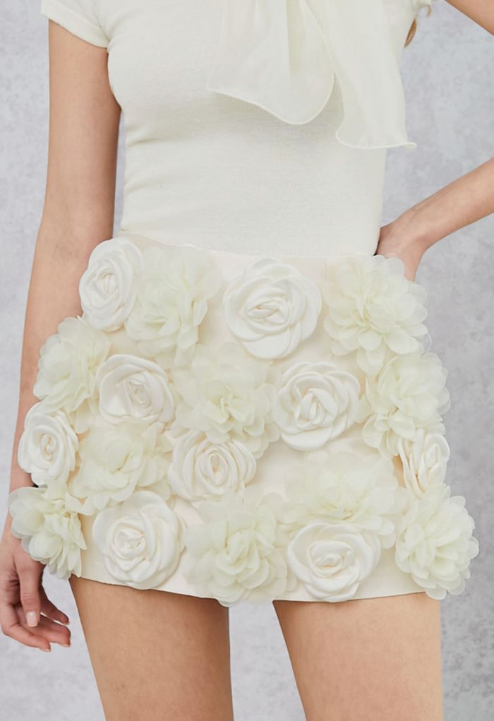 3D Rose Petal Satin Skorts in Cream