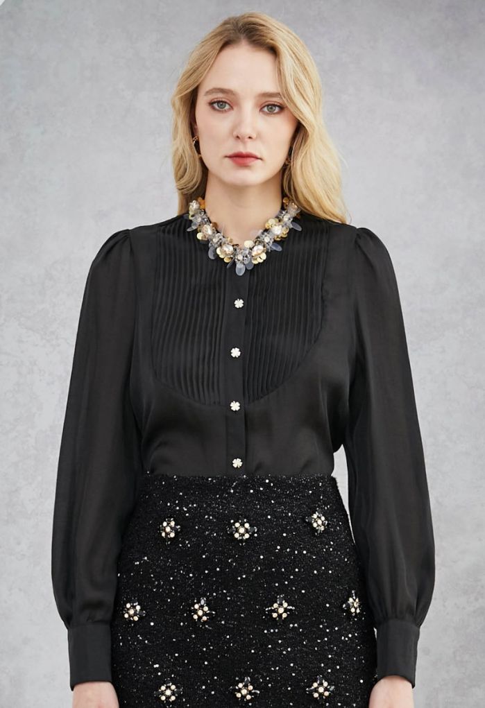 Rhinestones Sequins Trim Pintuck Sheer Buttoned Shirt in Black