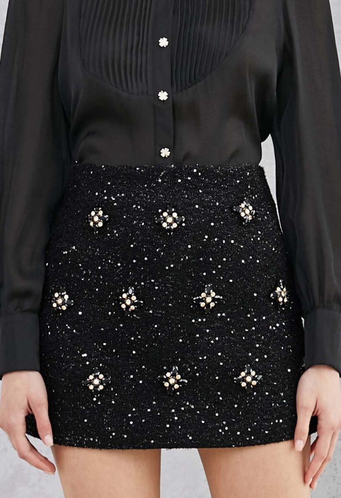 Geometric Rhinestones Embellished Tweed Skorts in Black