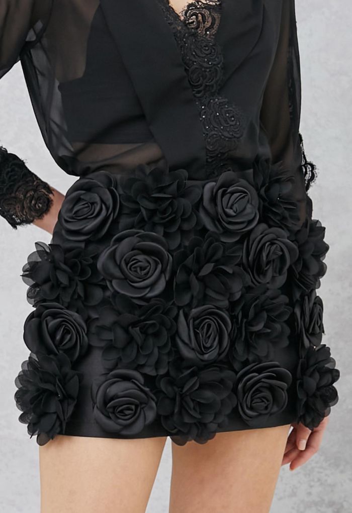 3D Rose Petal Satin Skorts in Black