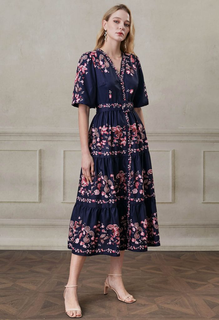 Falling Pink Blossom V-Neck Belted Buttoned Midi Dress