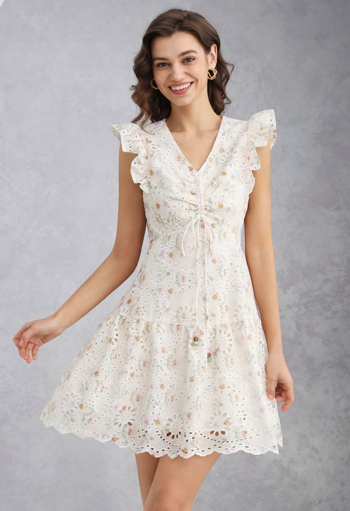 Floral Eyelet Embroidered Drawstring Ruffle Shoulder Dress
