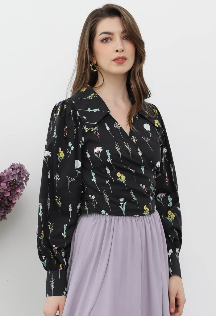 Botanical Garden Self-Tie Wrap Crop Shirt in Black