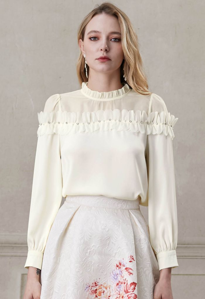 Rhinestone 3D Flowers Organza Spliced Satin Top in Cream