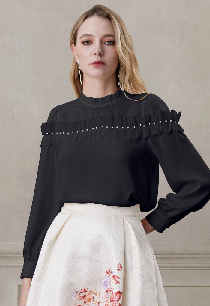 Rhinestone 3D Flowers Organza Spliced Satin Top in Black