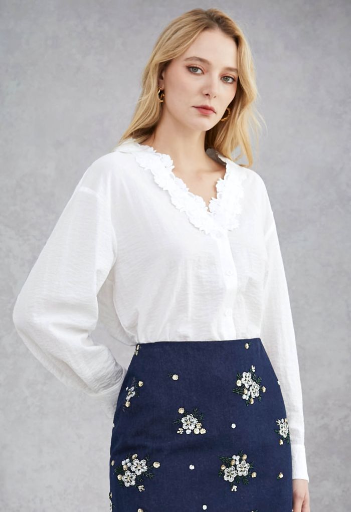 Lace Crochet Trim V-Neck Buttoned Shirt