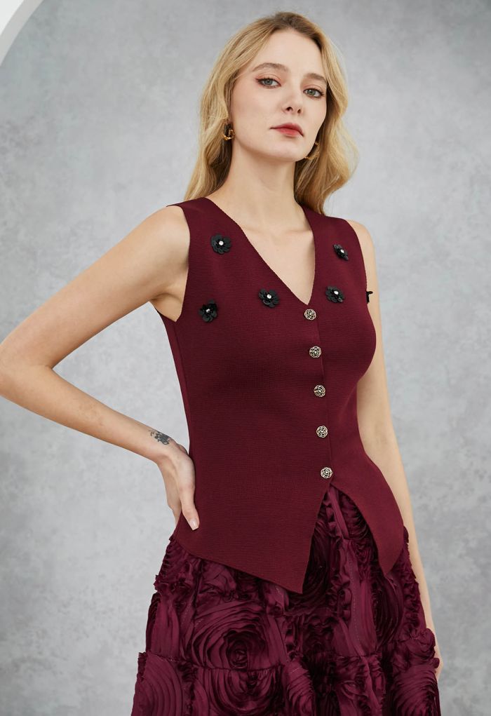 Sequined Floral V-Neck Buttoned Knit Vest in Burgundy
