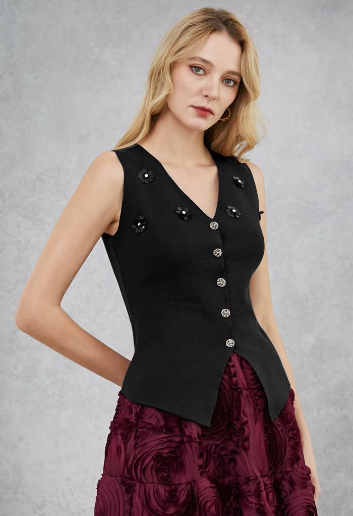 Sequined Floral V-Neck Buttoned Knit Vest in Black