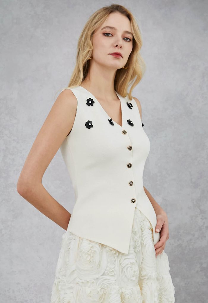 Sequined Floral V-Neck Buttoned Knit Vest in Cream