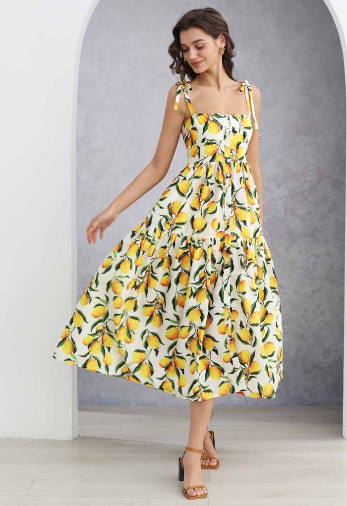 Vibrant Lemon Print Tie-Shoulder Buttoned Midi Dress