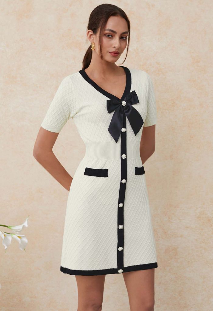 Contrast Bowknot Pearl Button Grid Knit Mini Dress