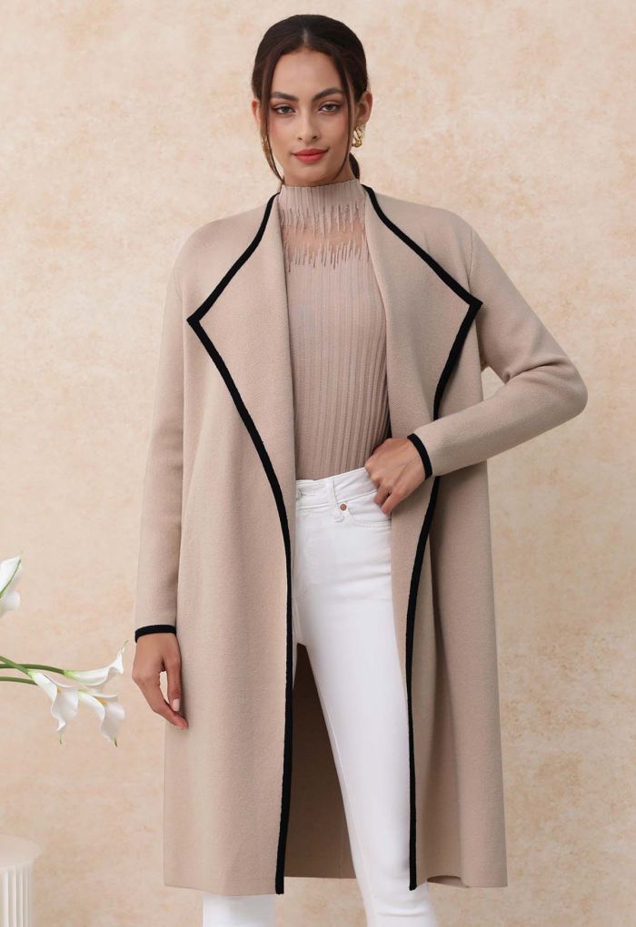 Contrast Edge Open Front Knit Coat in Camel