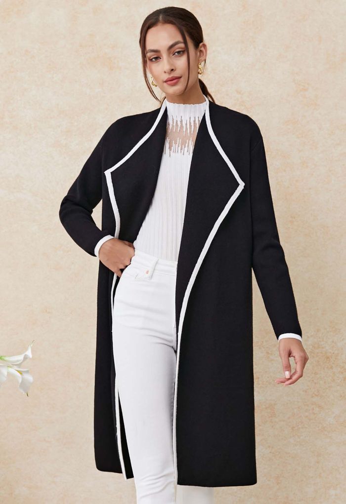 Contrast Edge Open Front Knit Coat in Black