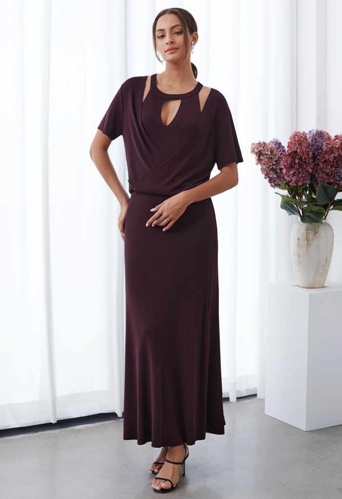 Halter Neck Cutout Wrap Knit Twinset Dress in Plum
