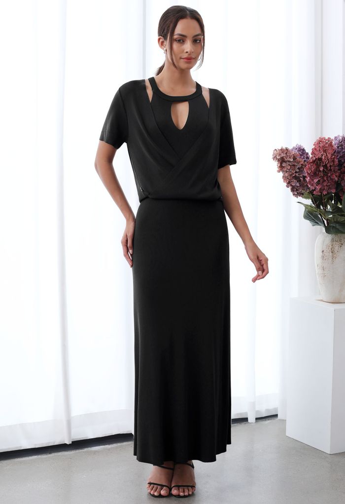 Halter Neck Cutout Wrap Knit Twinset Dress in Black