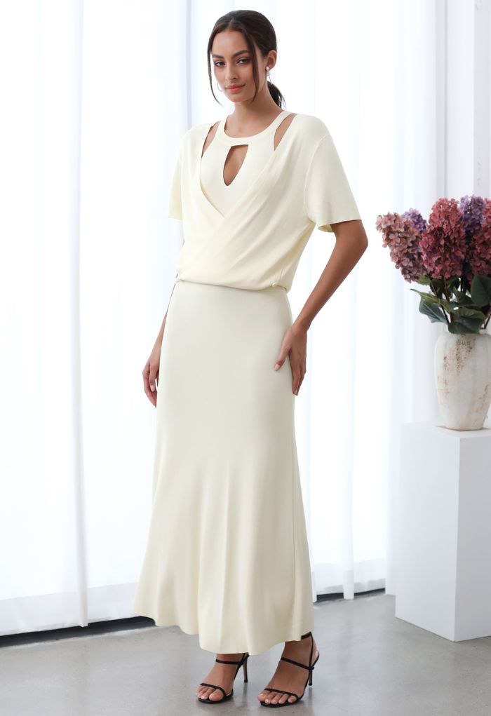 Halter Neck Cutout Wrap Knit Twinset Dress in Cream