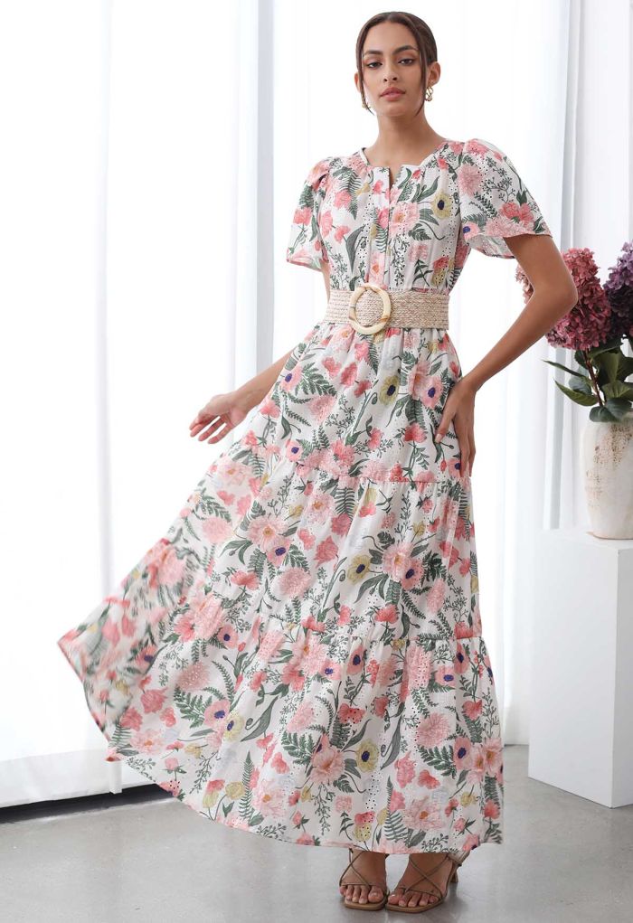 Blushing Pink Floral Eyelet Embroidered Maxi Dress