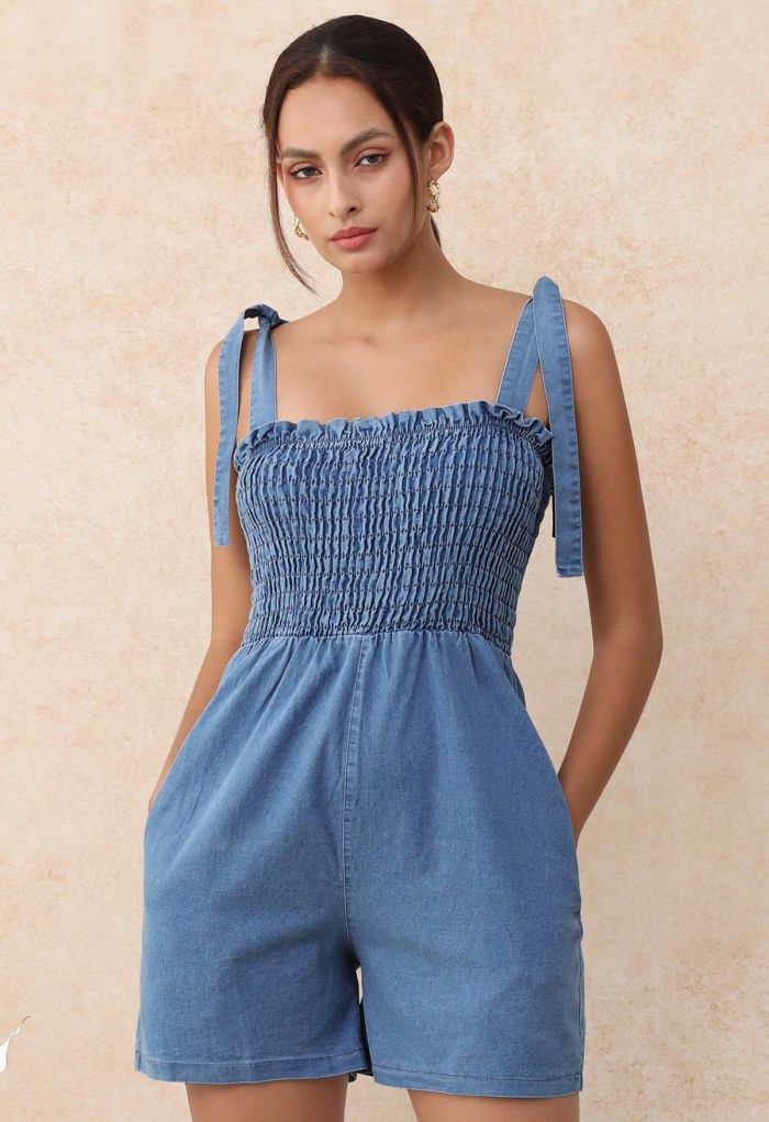 Self-Tie Strap Shirred Denim Playsuit
