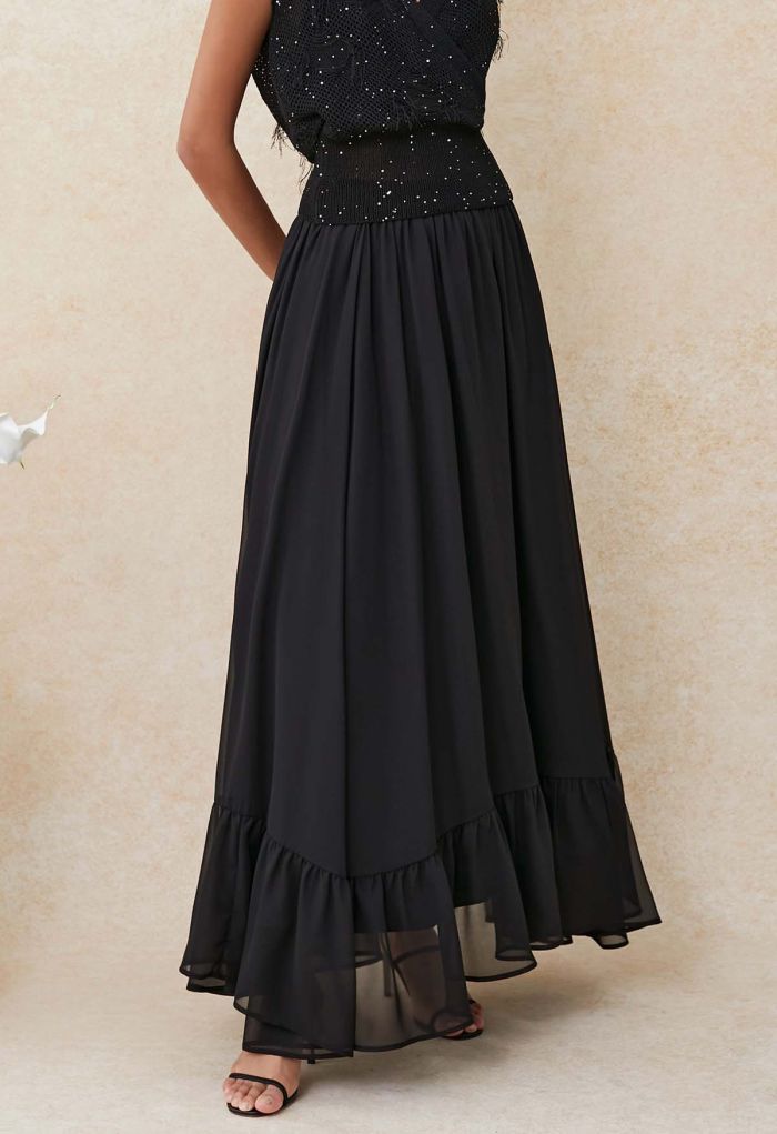 Asymmetric Frilling Hem Chiffon Maxi Skirt in Black