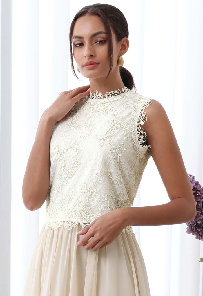 Metallic Butterfly Sequin Lace Crochet Crop Top