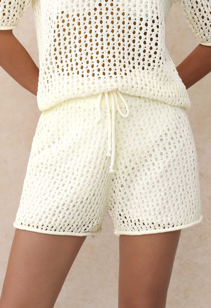 Hollow Out Tie-String Rolled Knit Shorts in Ivory
