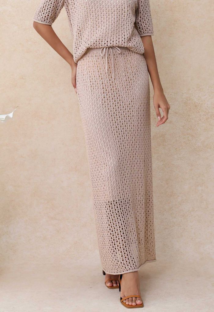 Hollow Out Rolled Hemline Drawstring Knit Maxi Skirt in Dusty Pink