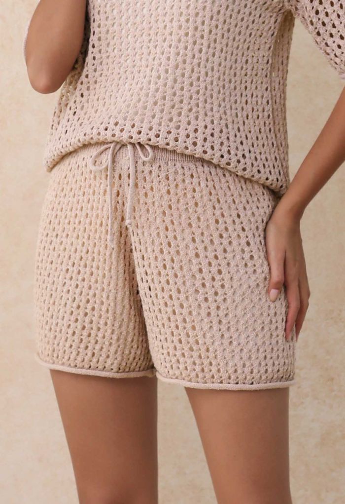 Hollow Out Tie-String Rolled Knit Shorts in Dusty Pink