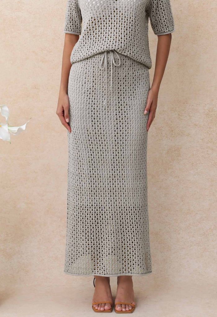 Hollow Out Rolled Hemline Drawstring Knit Maxi Skirt in Grey