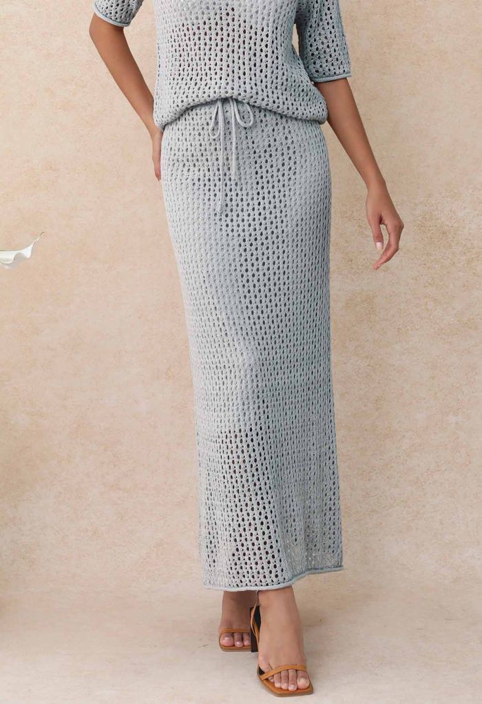 Hollow Out Rolled Hemline Drawstring Knit Maxi Skirt in Light Blue