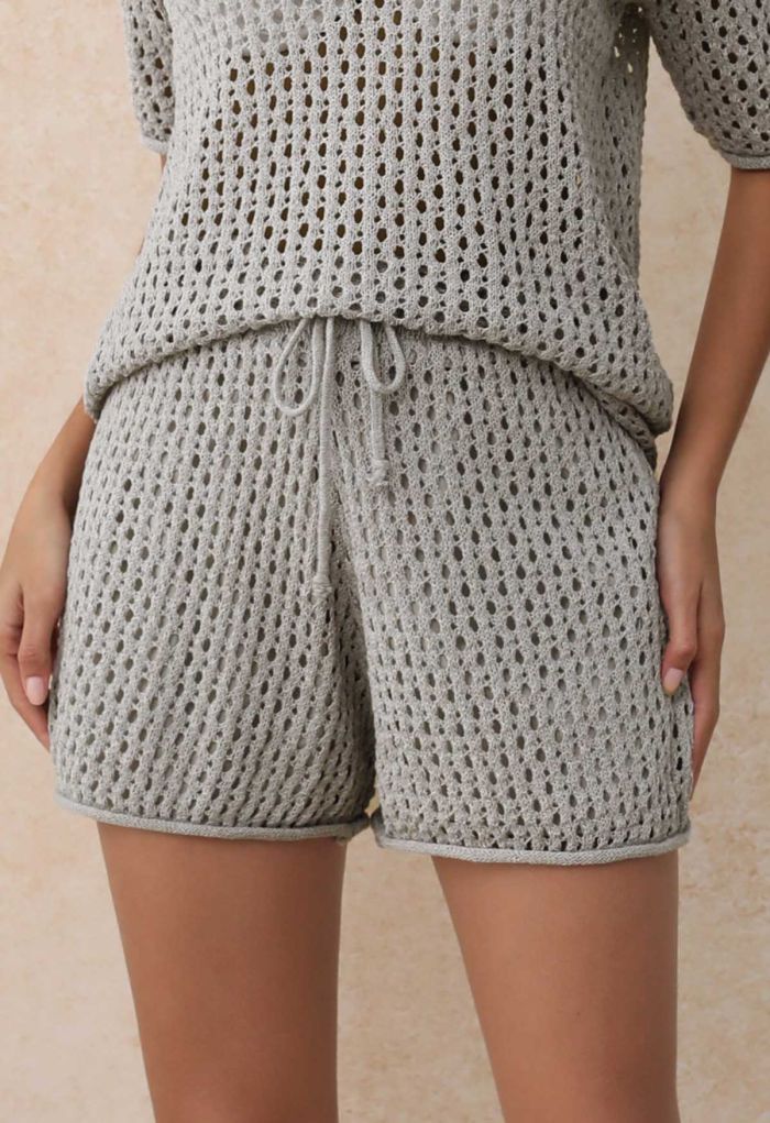 Hollow Out Tie-String Rolled Knit Shorts in Grey