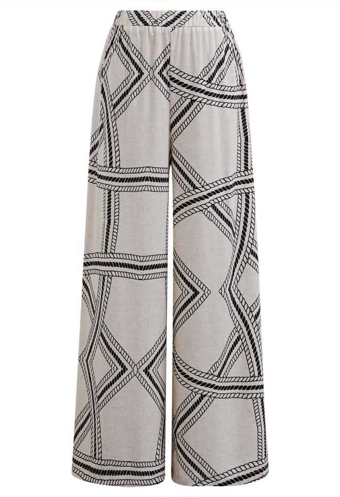 Geometric Grid Linen-Blend Palazzo Pants