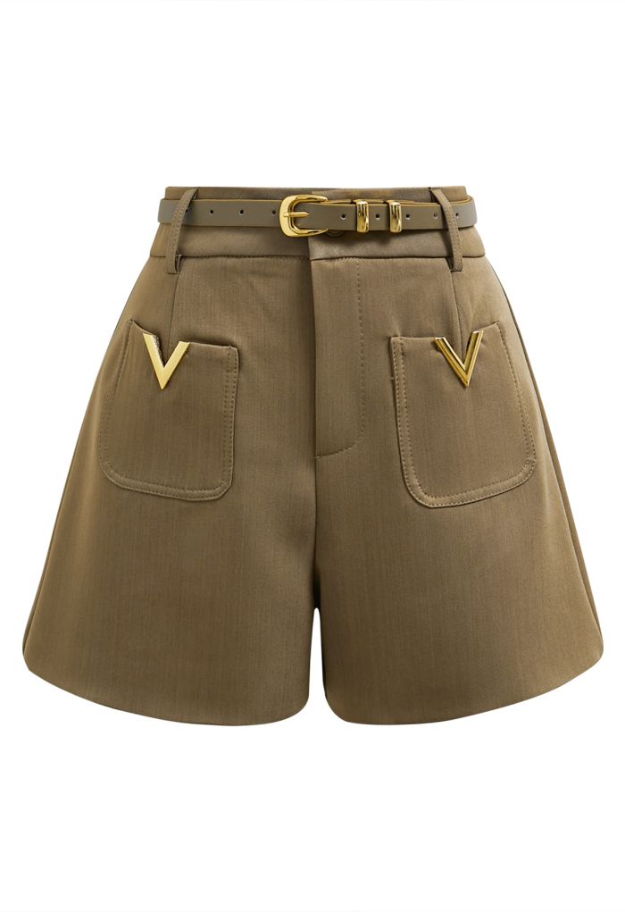 Golden V-Shape Metal Decor Belted Shorts in Khaki